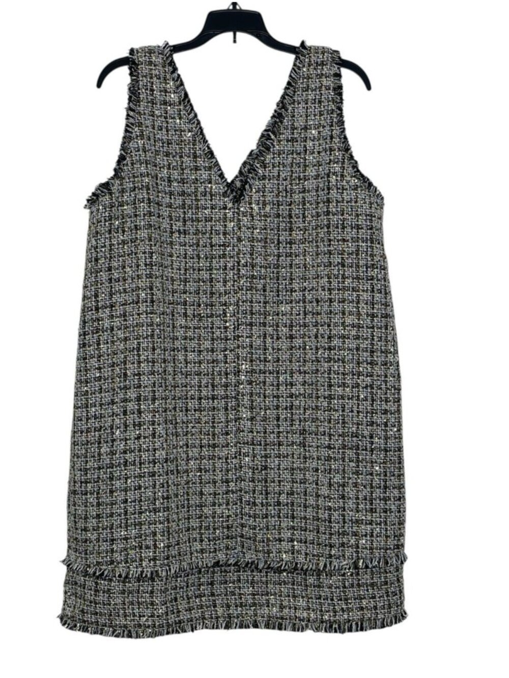 LOFT Womens Dress Size 12 Tweed Sleeveless V-Neck Fringe Navy White Gold NWT